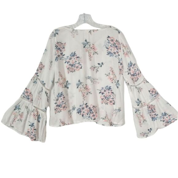 Hollister Top Blouse Womens Medium White Blue Pink Floral Bell Sleeves Drawstrin - Picture 2 of 10